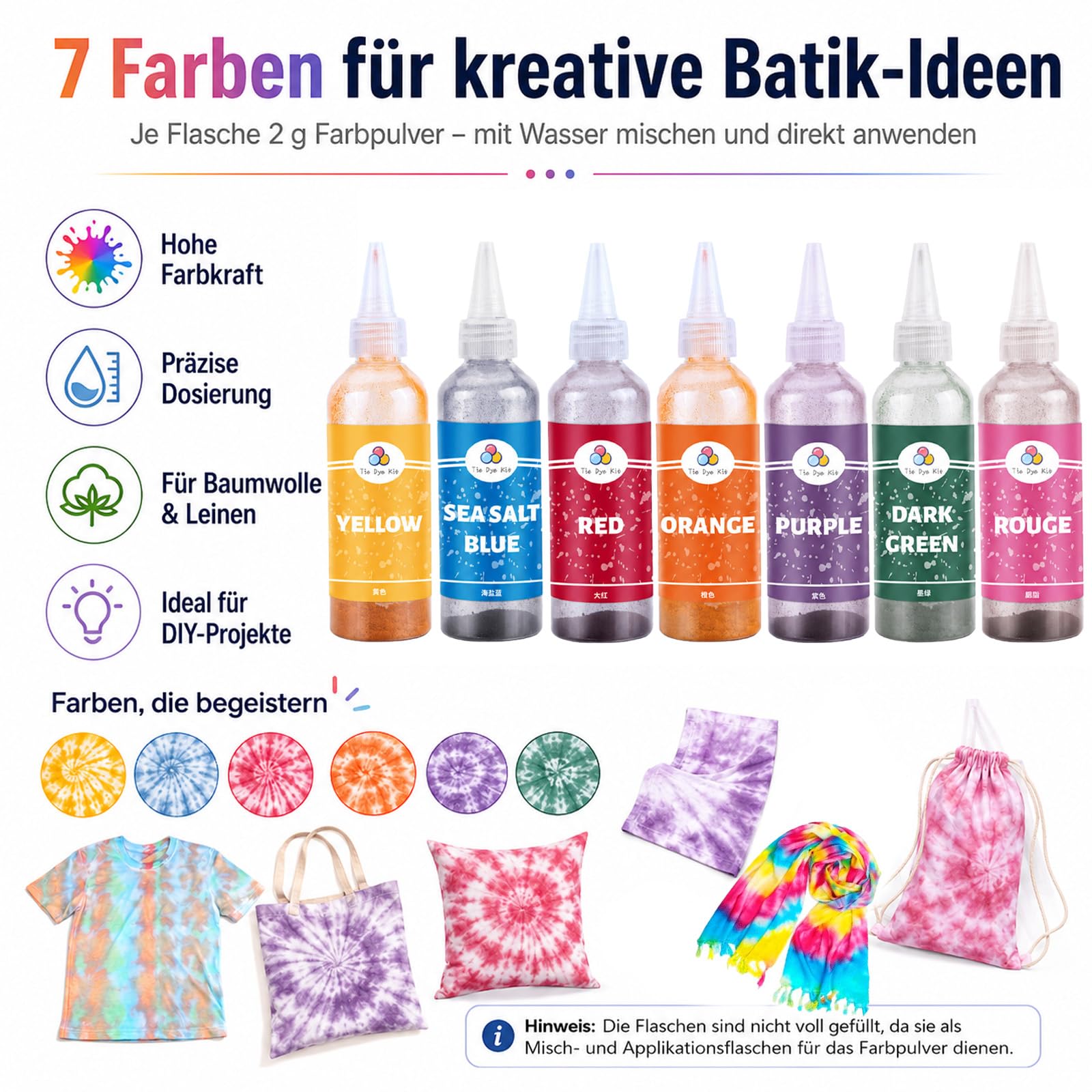 Batikfarben Set 7 Farben, Waschbare Textilfarbe für Kinder, Batikfarben Set Waschfest, Färbemittel für Textilien, Tie Dye Kit, Batik für T-Shirts, Stoffbeutel, DIY Kleidung, Stoffmalfarben
