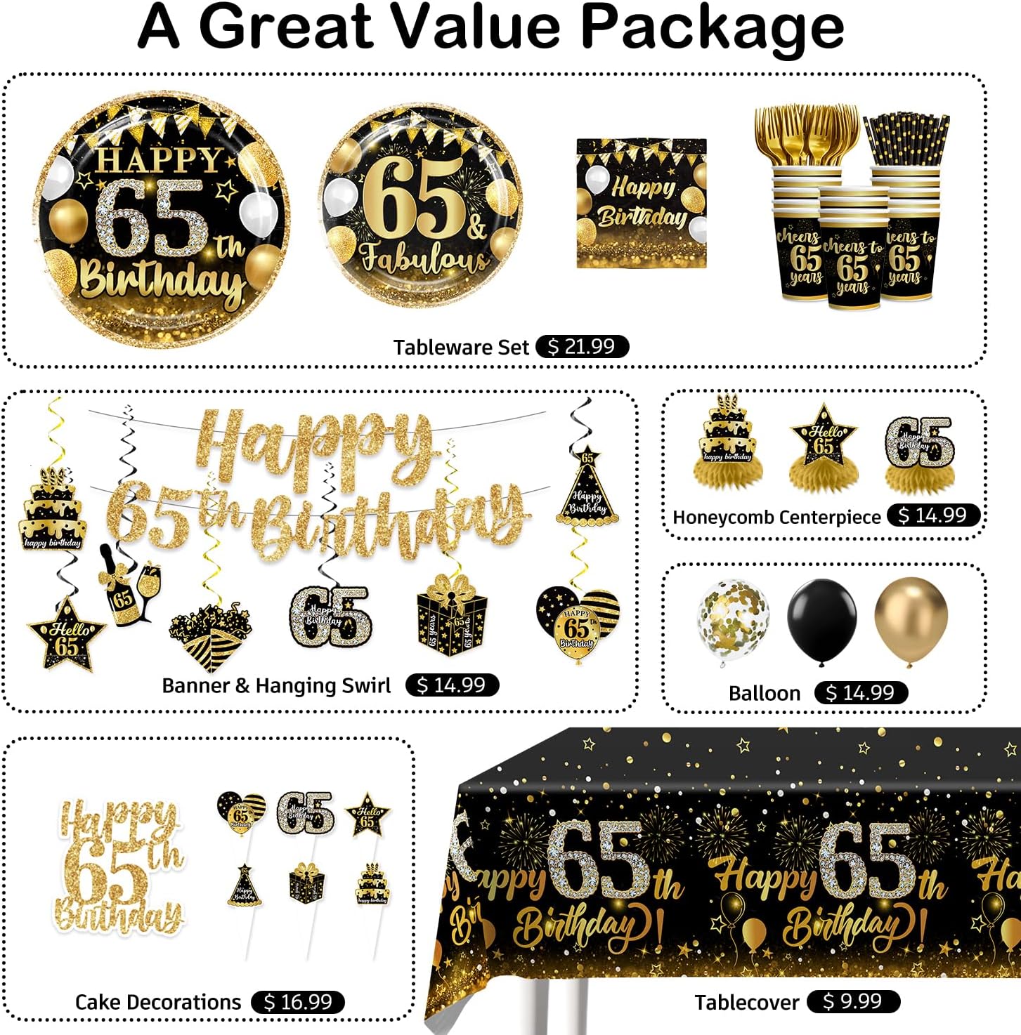 213pcs 65th Birthday Decorations for Men and Women, 350gsm Thick Plates 2 Tablecloths Happy 65th Birthday Cake Topper and Banner Suitable for Parties and Gatherings, Serving 25 People