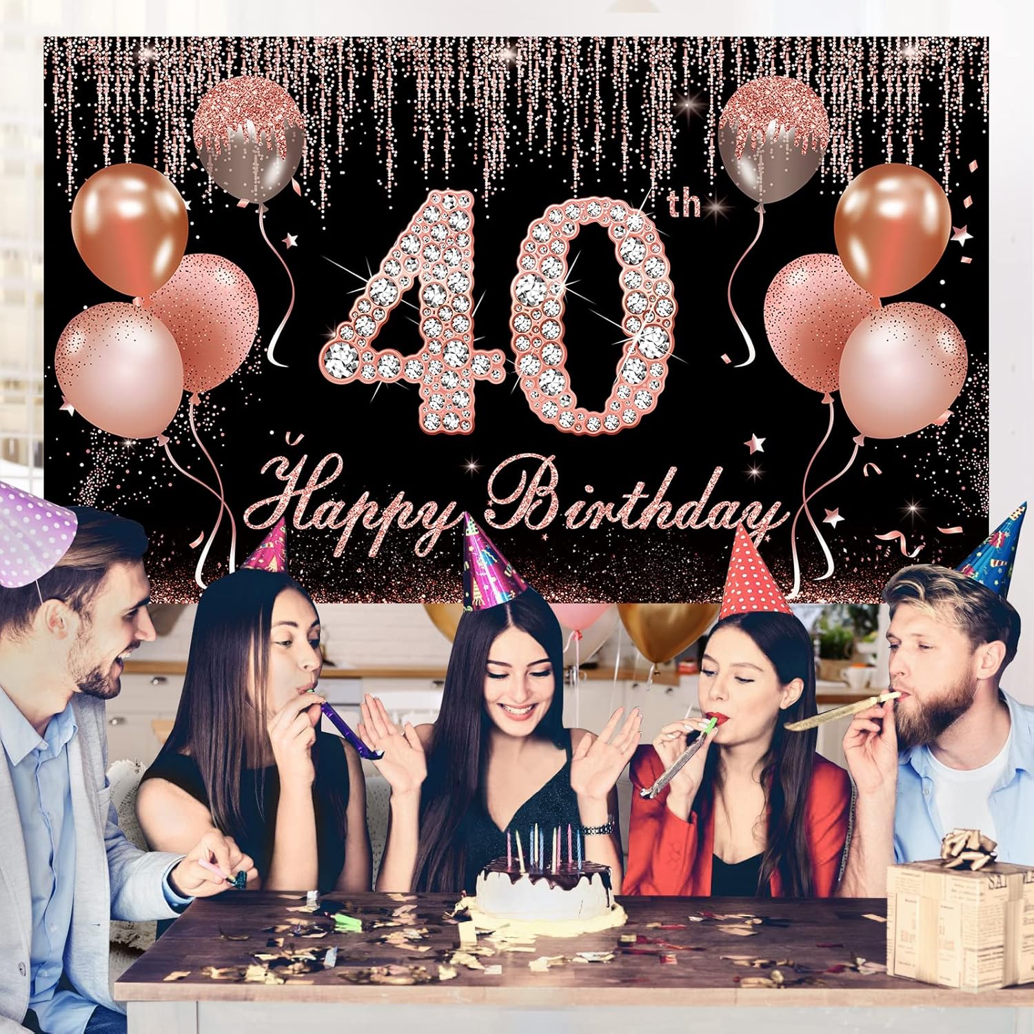 40th Birthday Decorations for Women, Rose Gold and Black Happy 40 Birthday Backdrop Confetti Balloon Arch Garland Kit Party Supplies Decor - Image 4