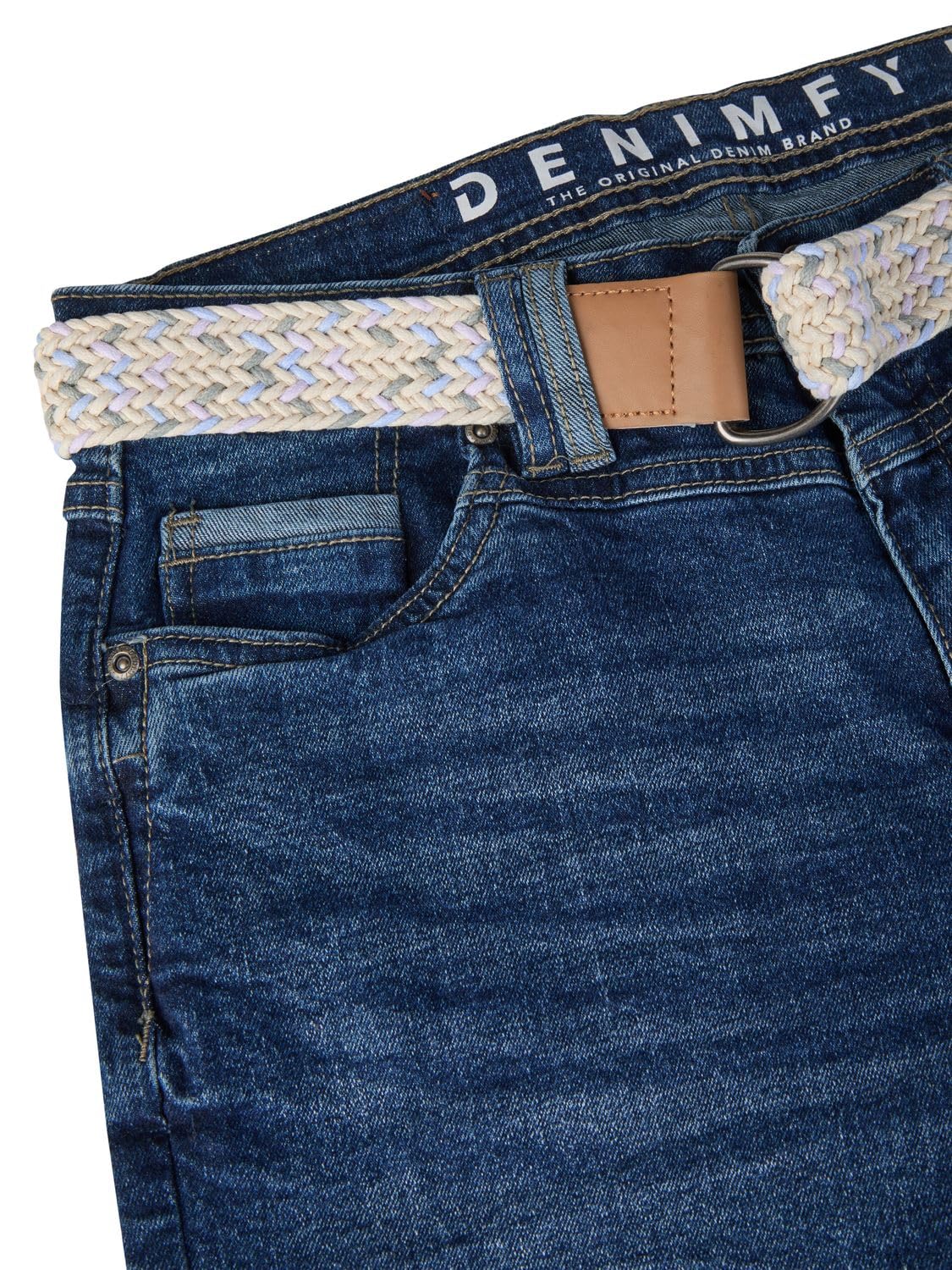 DENIMFY Jeans corti da donna con cintura, vestibilità normale, DFLena, pantaloncini estivi, in denim elasticizzato, basic, tinta unita, blu, S, M, L, XL, XXL