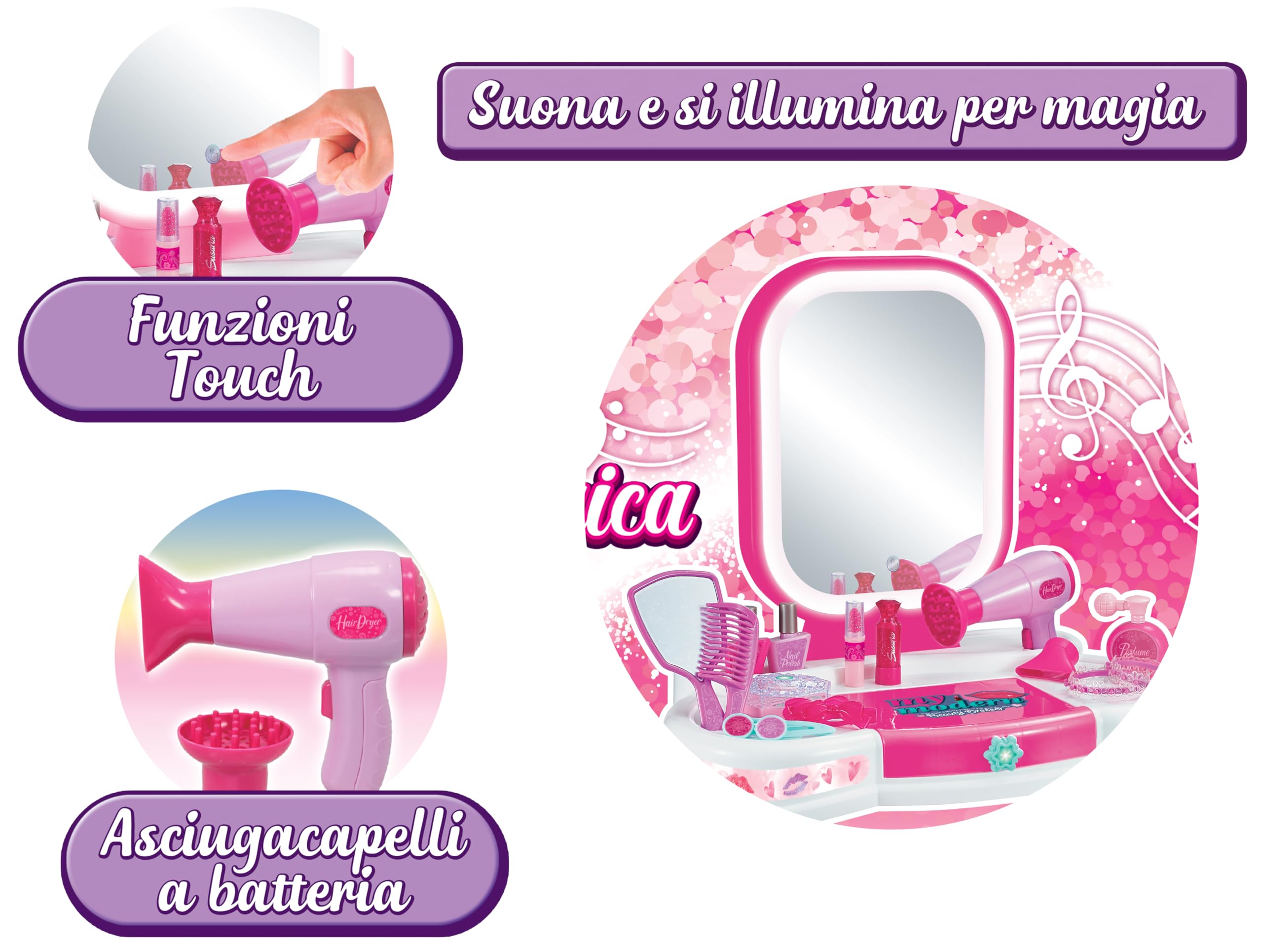 Teorema Giocattoli, Specchiera Magica Bambina con Sgabello, Postazione Trucco con Luci LED e Suoni Touch, Tavolo Trucco Interattivo, Asciugacapelli Funzionante a Batteria e Portagioie
