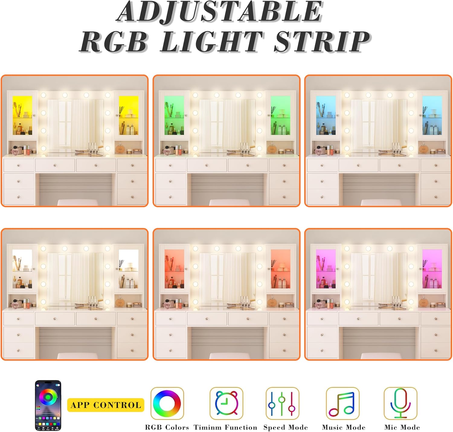 Vanity Desk with Mirror and Lights, 55" White Makeup Vanity Set with 8 Drawers & RGB Glass Cabinets, Stool, Glass Top, Power Outlet & Adjustable LED Lights, Dressing Table for Women & Girls Bedroom