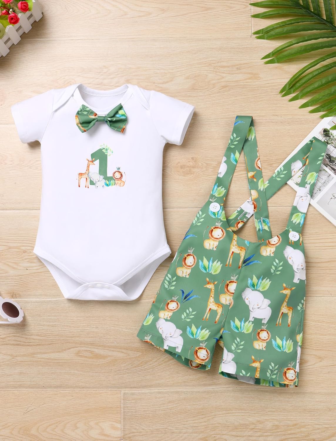 IBTOM CASTLE Baby Boys 1st Birthday Cake Smash Outfit Short Sleeve Safari Jungle Romper Suspenders Shorts Photoshoot Set - Image 5