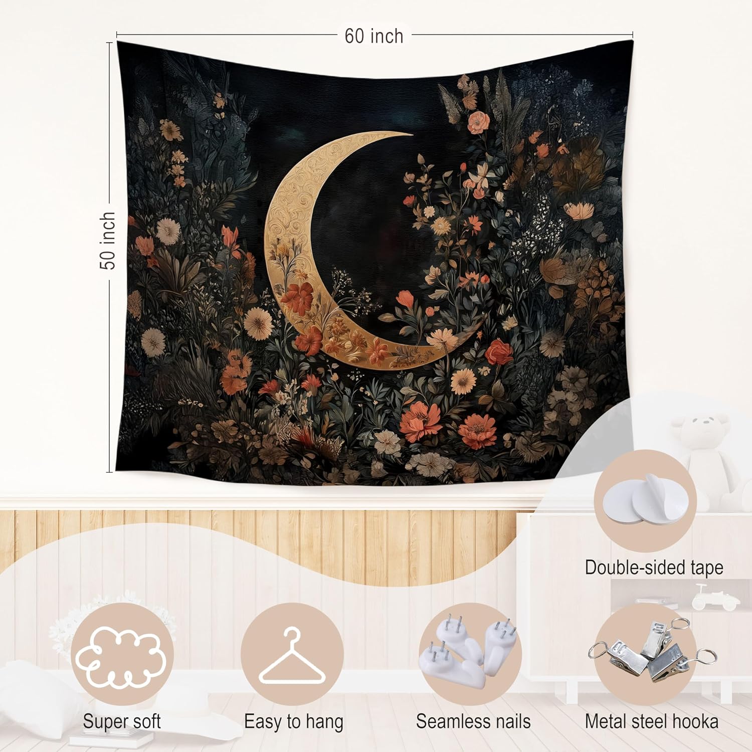 WARDOS Dark Cottagecore Crescent Moon Floral Tapestry, Mystical Celestial Gothic Botanical Tapestry Wall Hanging, Whimsigoth Witchy Flower Wall Blanket Decor for Bedroom Living Room, 50x60 Inch