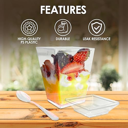 Miniatura 3 de Live Flourished Paquete de 50 vasos desechables de plástico para postre de 5 onzas con tapa y cuchara