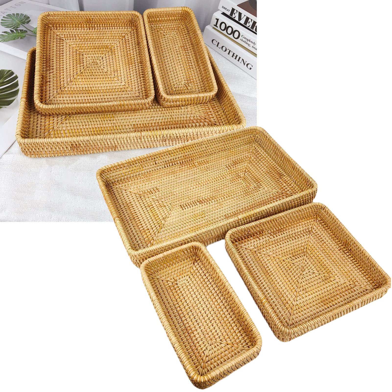 Juego de Bandejas de Ratán Tejidas a Mano, Cesta Multifuncional para Servir de 3 Piezas para Organización de Mesa, para Refrigerios, Pan y café, Bandejas Decorativas Livianas y Portátiles