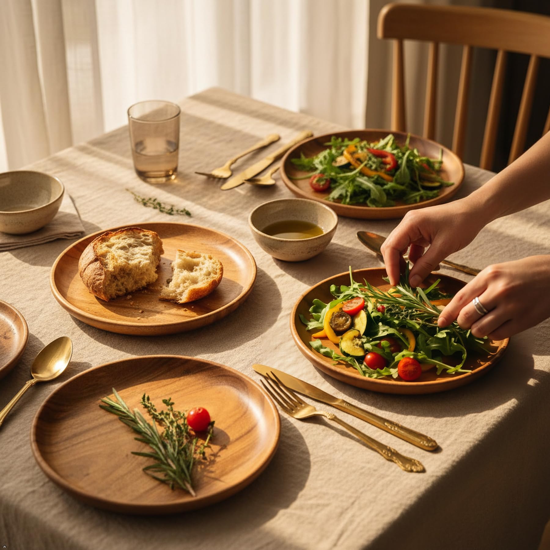 Talerze drewniane, zestaw 4 drewnianych talerzy, zastawa stołowa, ręcznie wykonane z twardego drewna akacjowego, wszechstronne naczynia stołowe na kolację, lunch, śniadanie, przystawki, półmisek deserowy, średni, średnica 20 cm