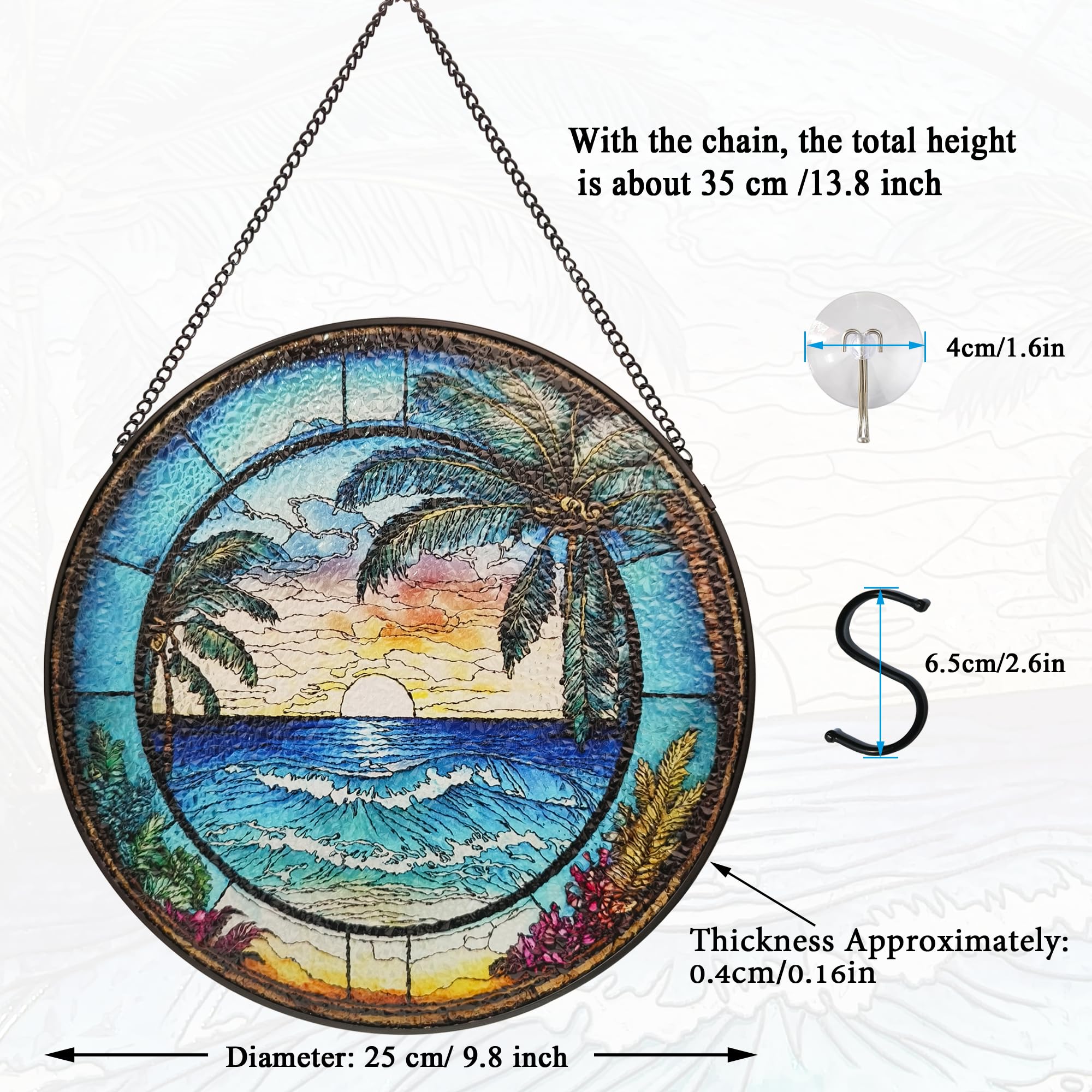 ZUSANG Ocean Sunrise Suncatcher Hanging Stained Glass Window Decor, 9.8'' Sea Wave View Wall Art Panel, Seascape Glass Hanging for Indoor Outdoor Home Decor