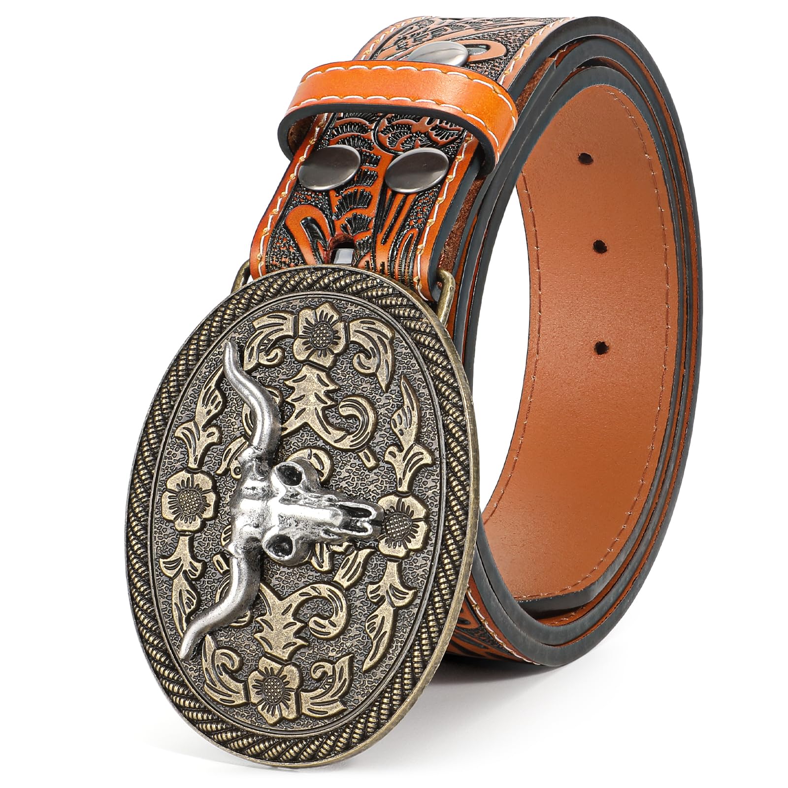 SANSTHS Western Cowboy Belt for Men Bull Buckle Belt Womens Western Floral Engraved Leather Belts for Jeans