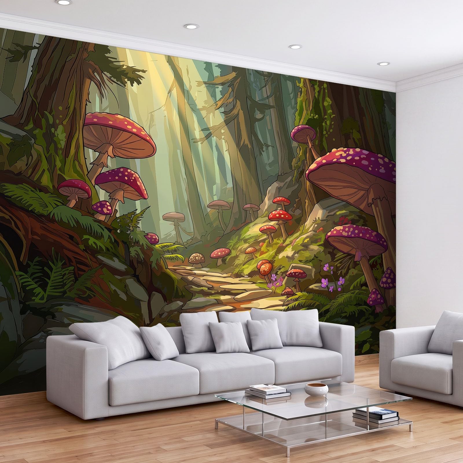 Panoramiczna tapeta 350x256, ilustracja Fantastyczna bajka Fototapeta z włókniny gobelin plakat ścienny do salonu dekoracja ścienna do sypialni, dzieci zaczarowany las grzyby