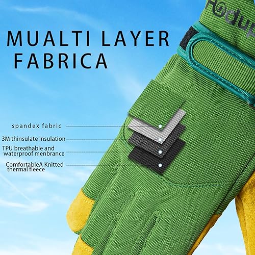 Miniatura 5 de Guantes de trabajo de invierno, impermeables, con aislamiento y a prueba de nieve, guantes de cuero a prueba de frío, agarre extra, flexible y