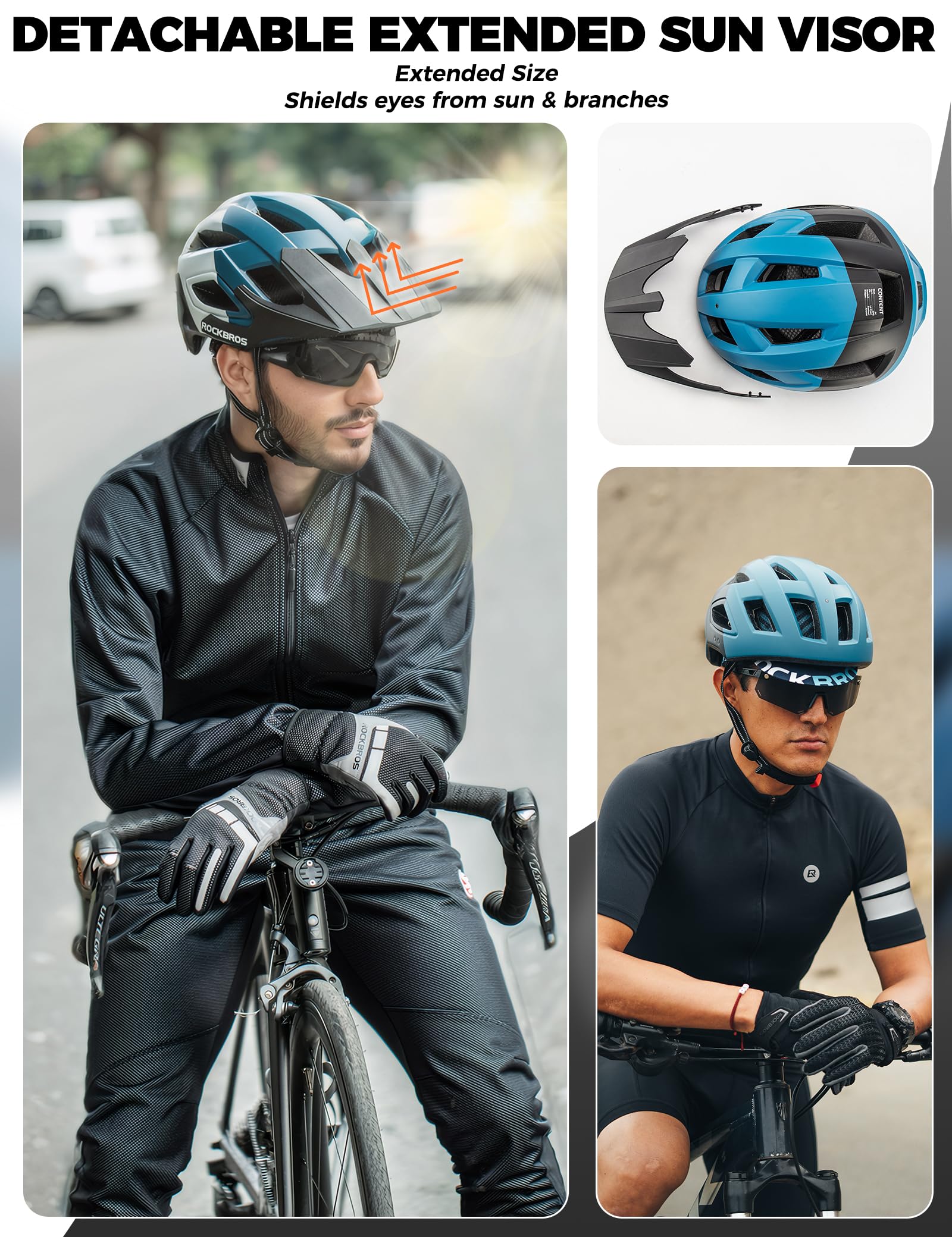 ROCKBROS Casco Bici con Visiera Parasole, Casco da Bicicletta Protezione di Sicurezza Leggero e Traspirante con Fodera Removibile, per MTB Bici da Strada Uomo Donna, Regolabile 58-62 cm