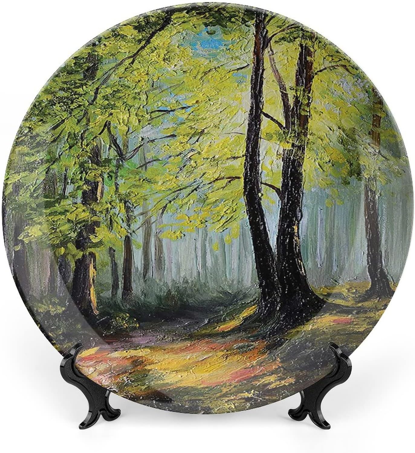 8 Inch Decorative Plate, Country Porcelain Plate, Painting Landscape of Forest Dark and Deep Fresh Colors in Autumn Print Ceramic Wall Hanging Decor Accessory for Dining Table Tabletop Home Decor