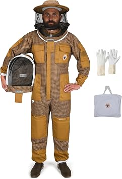 Beekeeping Suit Ventilated 3 Layer Ultra with Total Protection with Safety Fencing for Professional Beekeeping Supplies with Carrying Bag BP-311-Brown-XXL