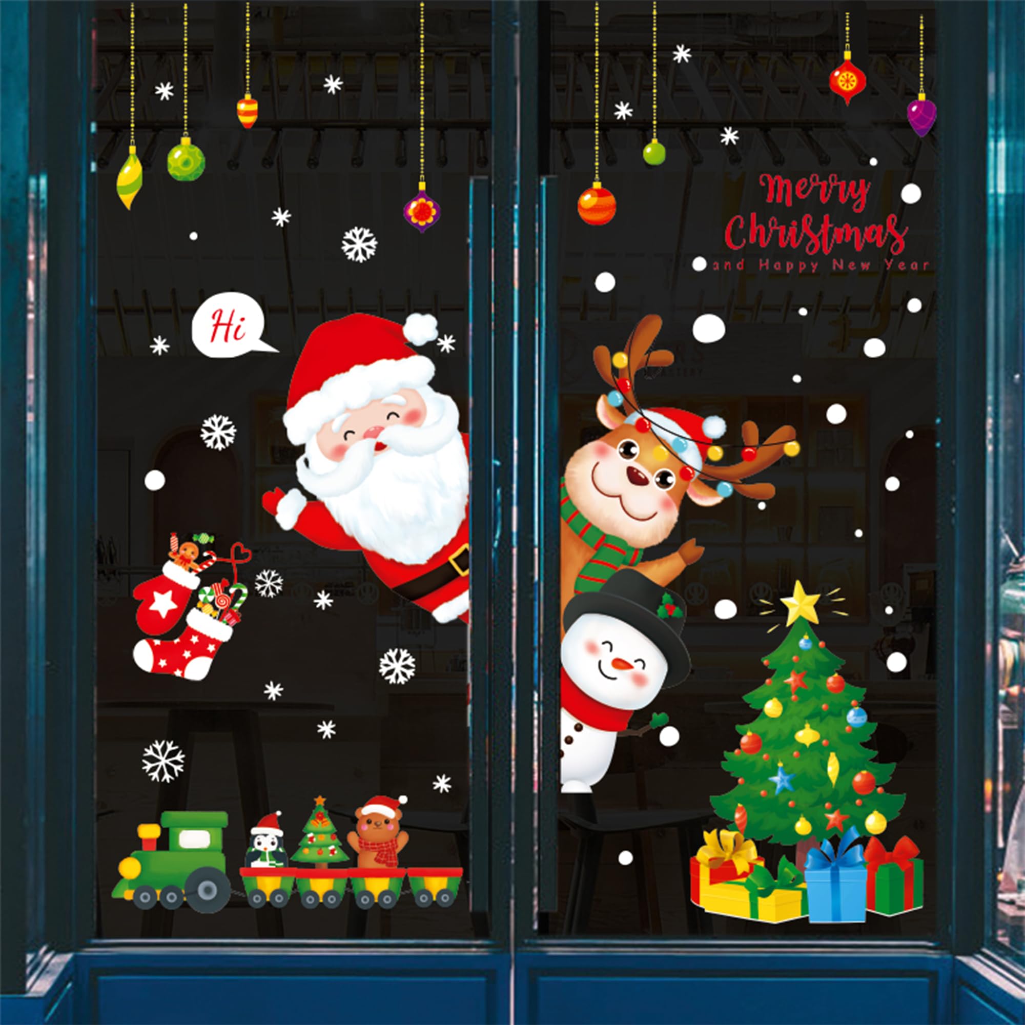 Large Christmas Window Stickers – Reusable Merry Christmas & Happy New Year Decorations – Static Xmas Window Stickers for Home, Shop & Office (Santa & Reindeer)