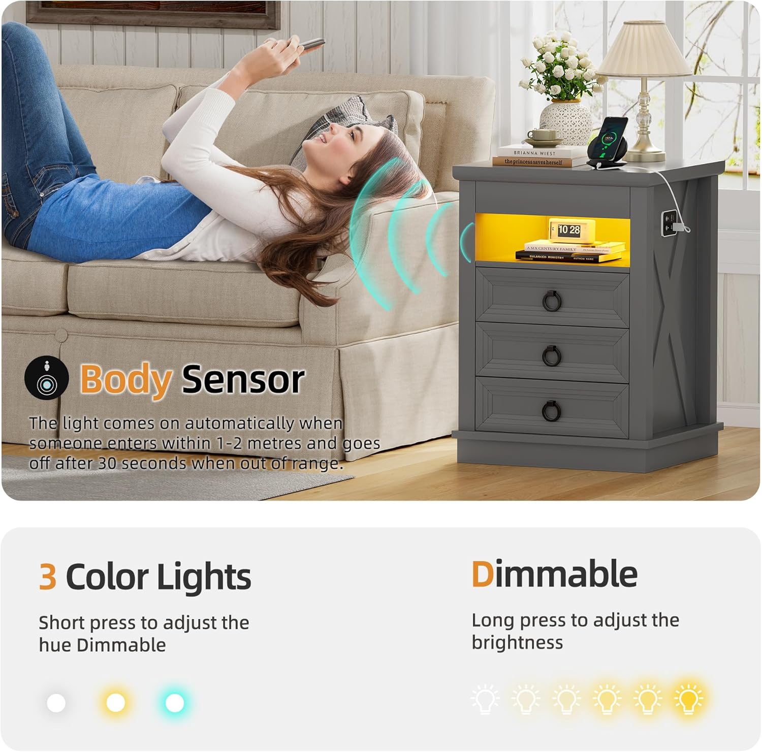 HNEBC Set of 2 Smart Night Stand with Gun Drawer,LED Nightstand with Charging Sation,Bedside Table with 3 Color Lights,End Table with Glass Desktop,3 Drawers,Bedroom,Grey