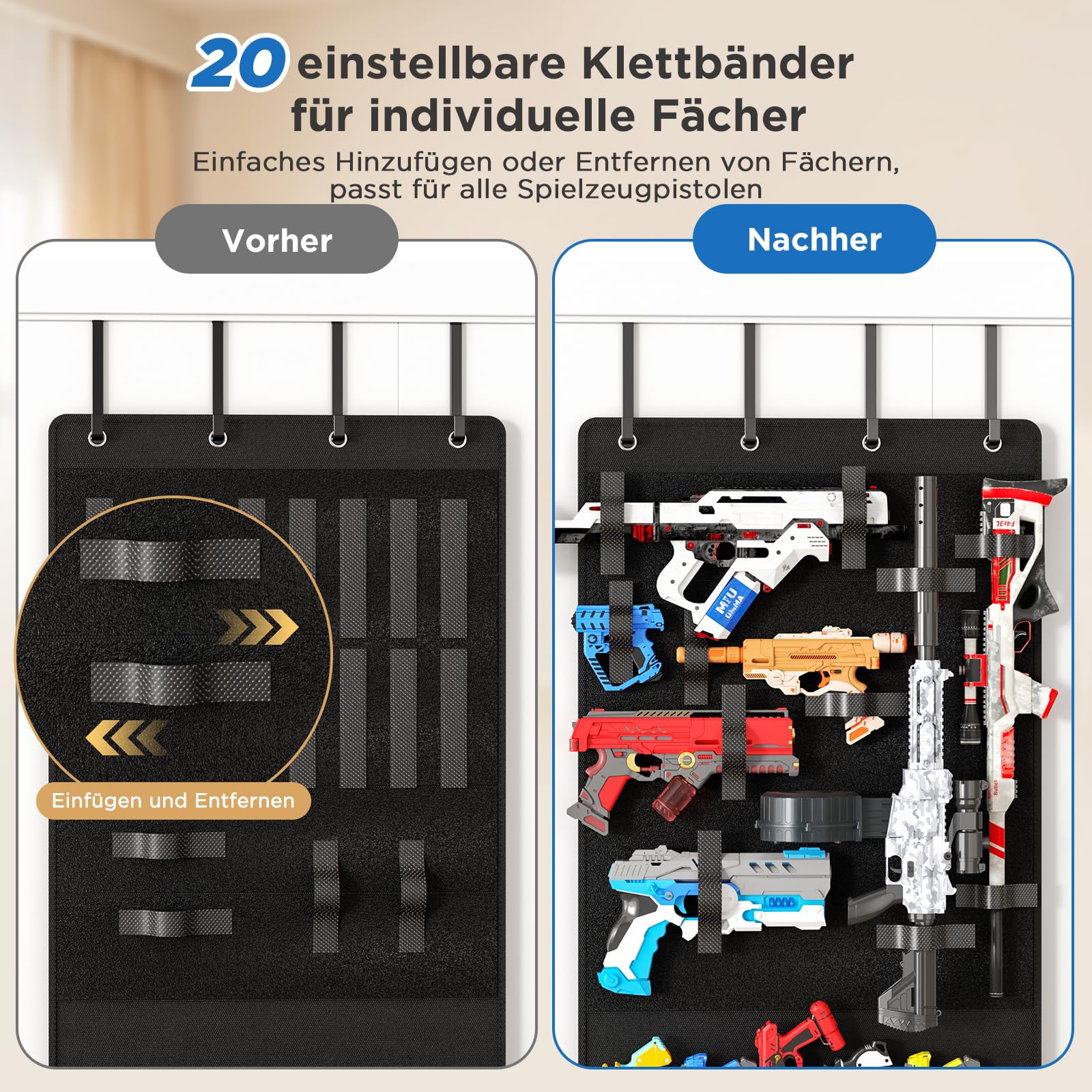 Über-der-Tür-Organizer für Spielzeugpistolen, Aufbewahrungstasche mit Fächern & Klettbändern – für Schaumstoff-Blaster, Darts, Schutzbrillen – Platzsparender Türorganizer für Kinder- & Spielzimmer