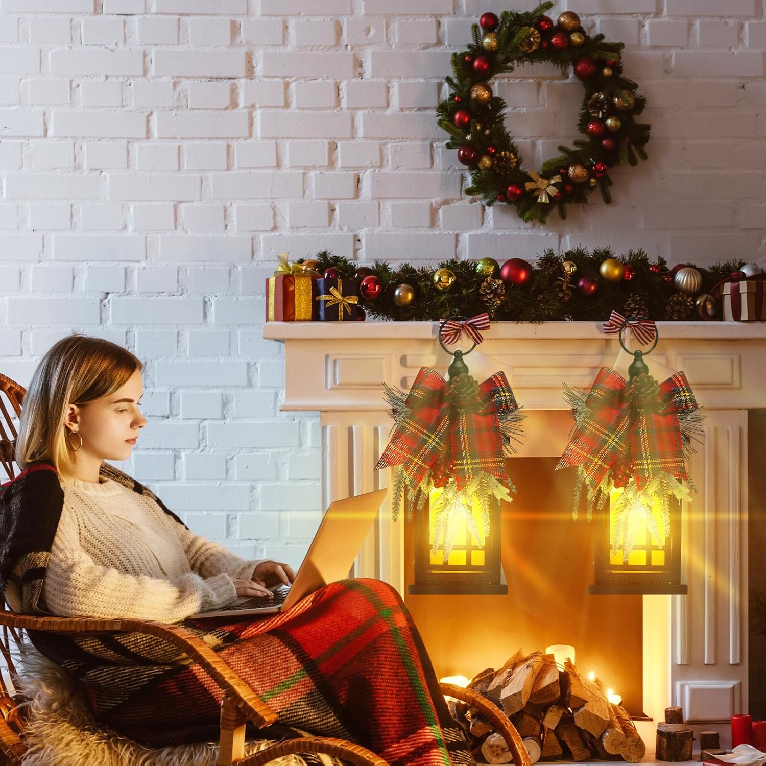 2 Set Christmas Lanterns Porch Decorations with LED Flickering Flameless Candle 14 Inch Vintage Hanging Lantern Centerpieces for Tables Indoor Outdoor Porch Decor(Trendy)