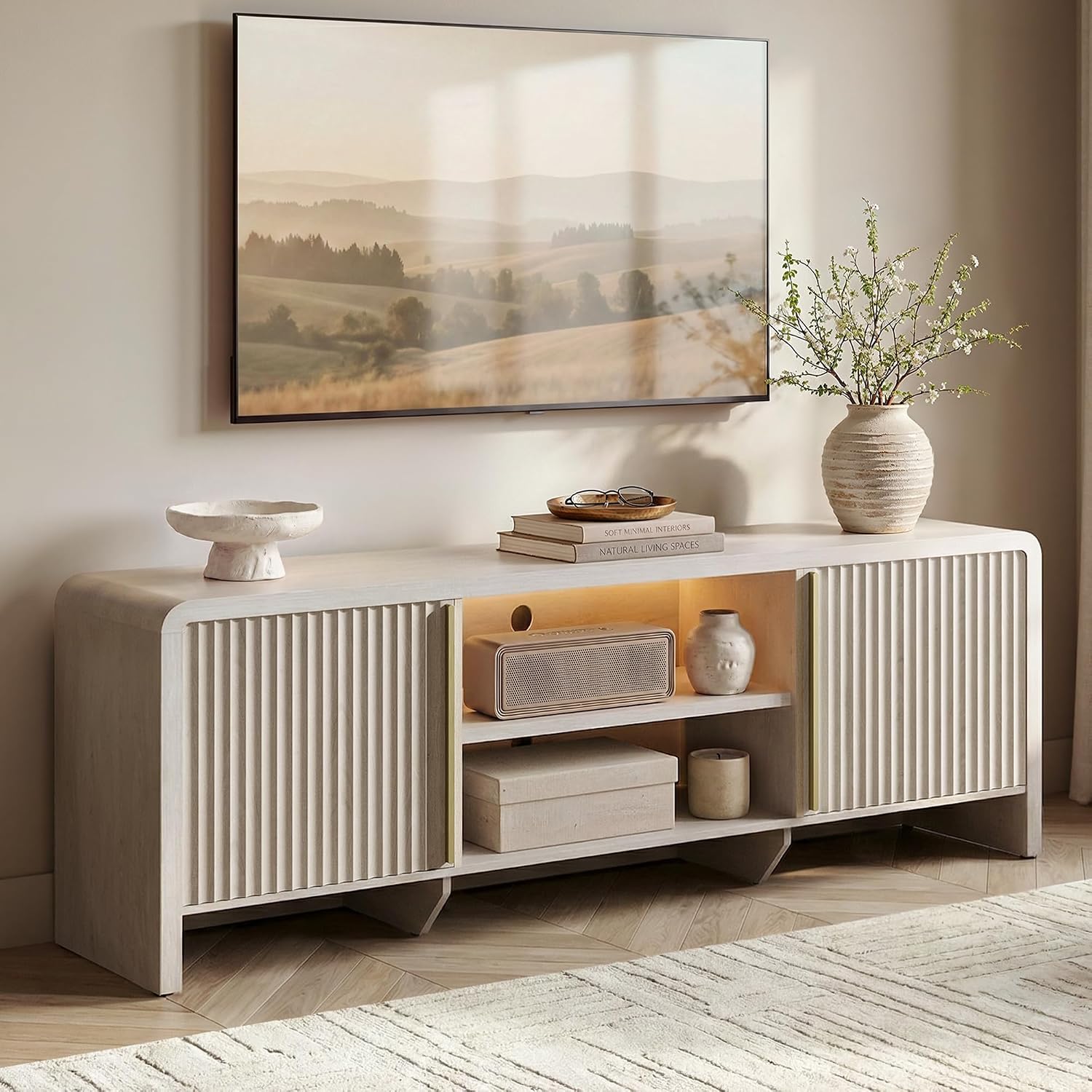 ModernMate 70" Fluted TV Stand with LED Light for TV up to 80", White Alder