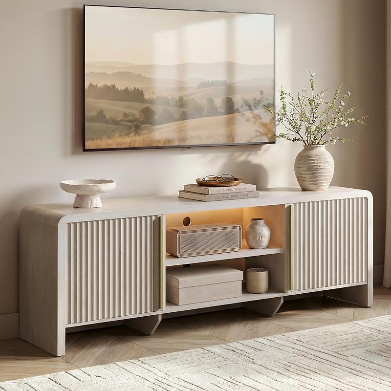 ModernMate 70" Fluted TV Stand with LED Light for TV up to 80", White Alder
