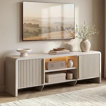 ModernMate 70" Fluted TV Stand with LED Light for TV up to 80", White Alder