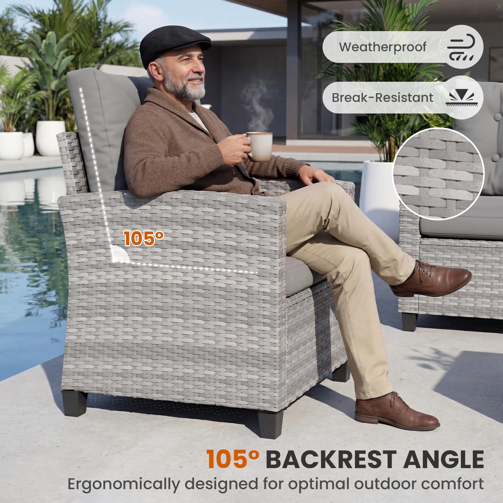 UDPATIO Rattan Gartenmöbel Set, Lounge Ecksofa mit Esstisch, Sessel & 2 Hocker, Wetterfest bis 8 Personen, Lounge Möbel Outdoor, Balkonmöbel, Terassenmöbel für Terrasse/Balkon/Garten, Grau