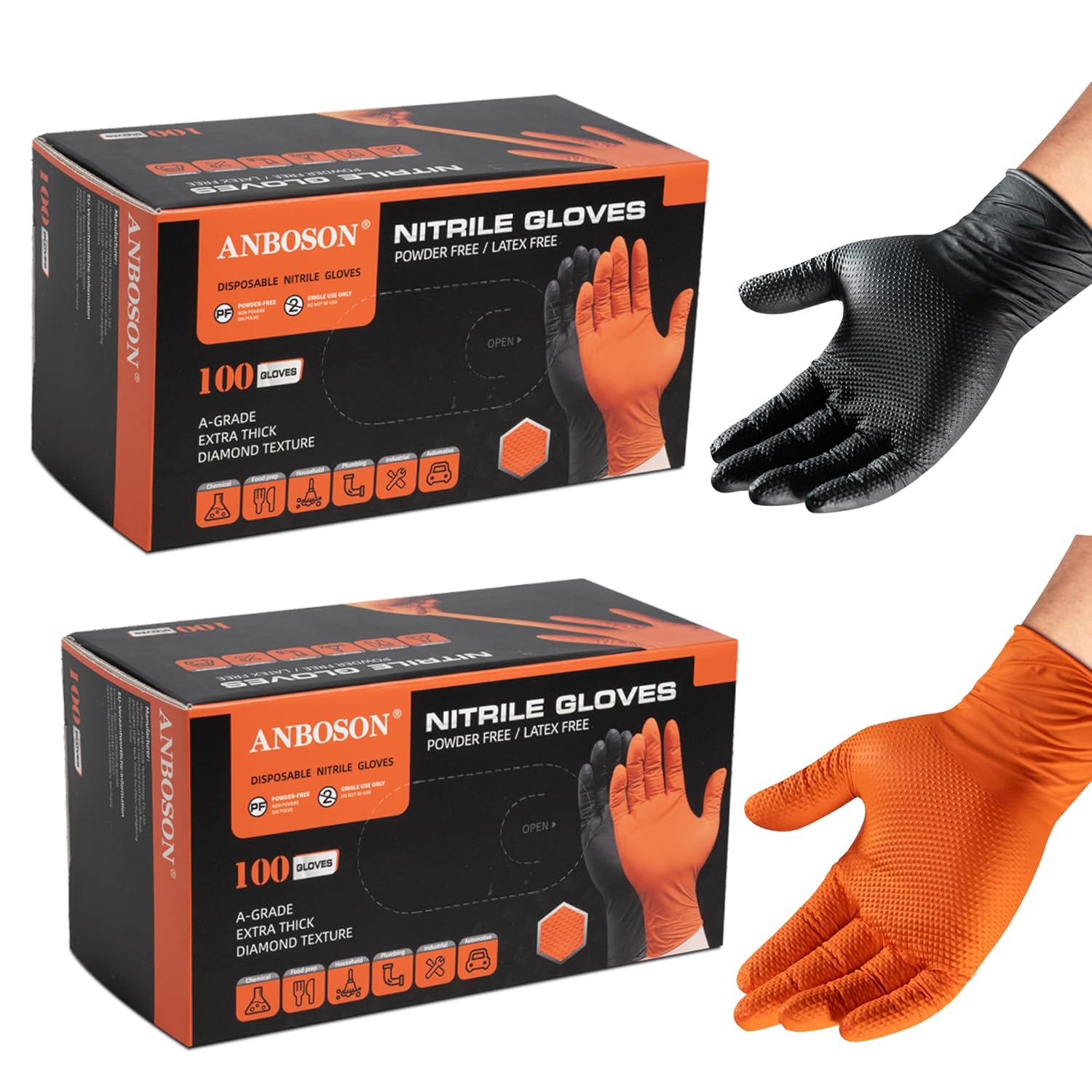 10Mil Heavy Duty Nitrile Gloves with Diamond Texture Grip (Black Large,100pcs) + (Orange Large,100pcs)