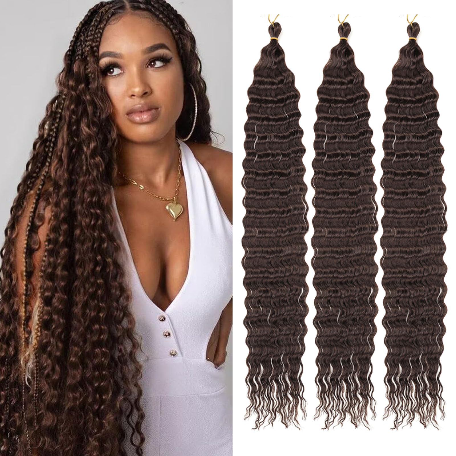 Samtress Long Ocean Wave Crochet Hair 30 Inch Curly Braiding Hair Synthetic 3 Packs Deep Wave Crochet Hair Dark Brown Water Wave Bohemian Twist Crochet Braid Hair Extensions (#4)