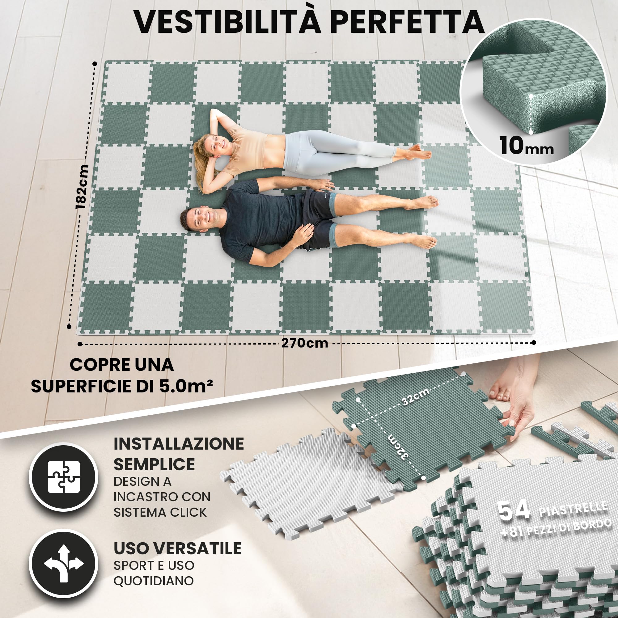 bemaxx Tappeto Palestra Tappetino Fitness da Ginnastica a Puzzle EVA | Pavimento Protettivo Incastro Tatami Allenamento Protezione Sport, Materassino Mattonella Pavimentazione per Home Gym Manubri