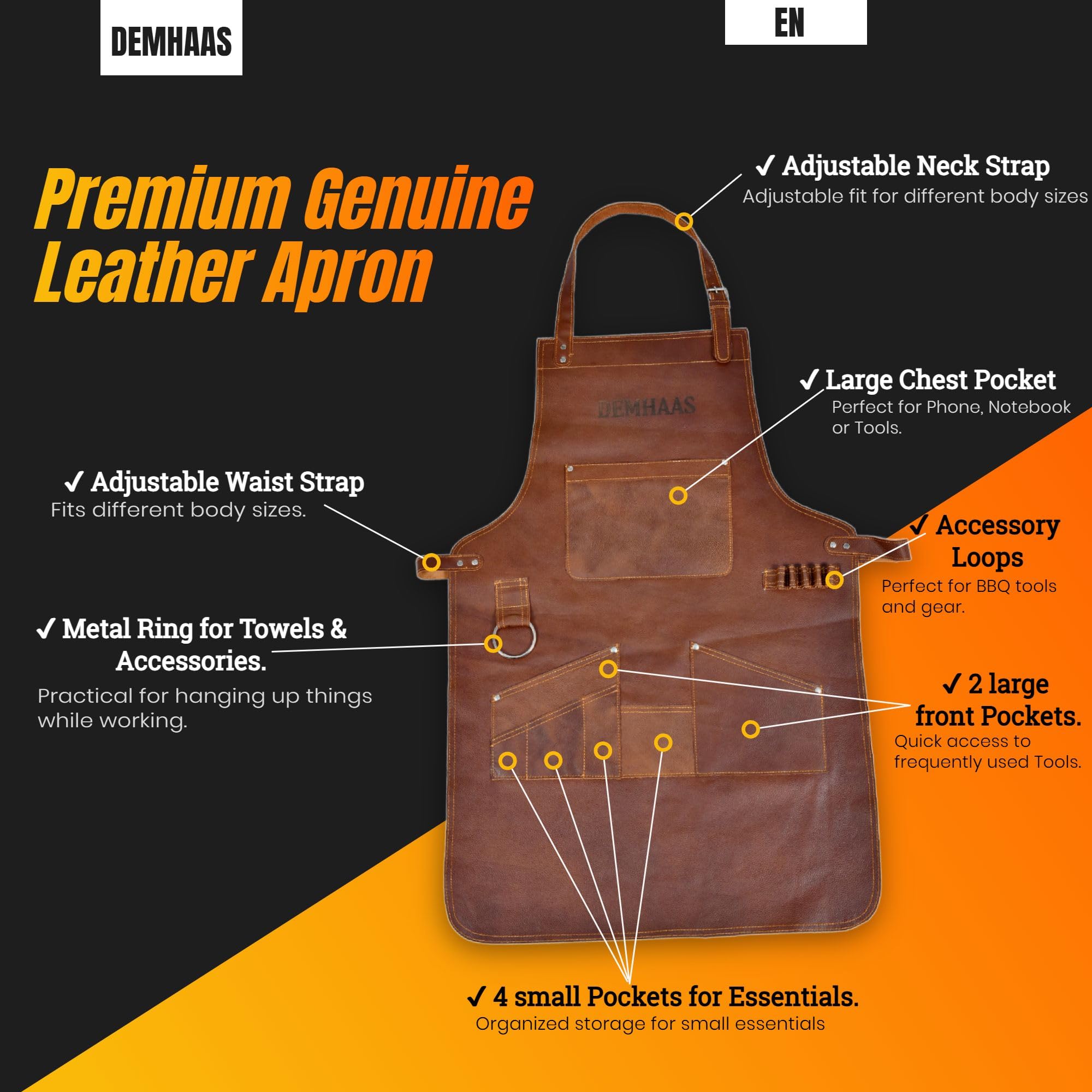 Grembiule da barbecue in vera pelle, realizzato a mano, da uomo, per barbecue, barbecue e cucina, con tasche, cinghie regolabili