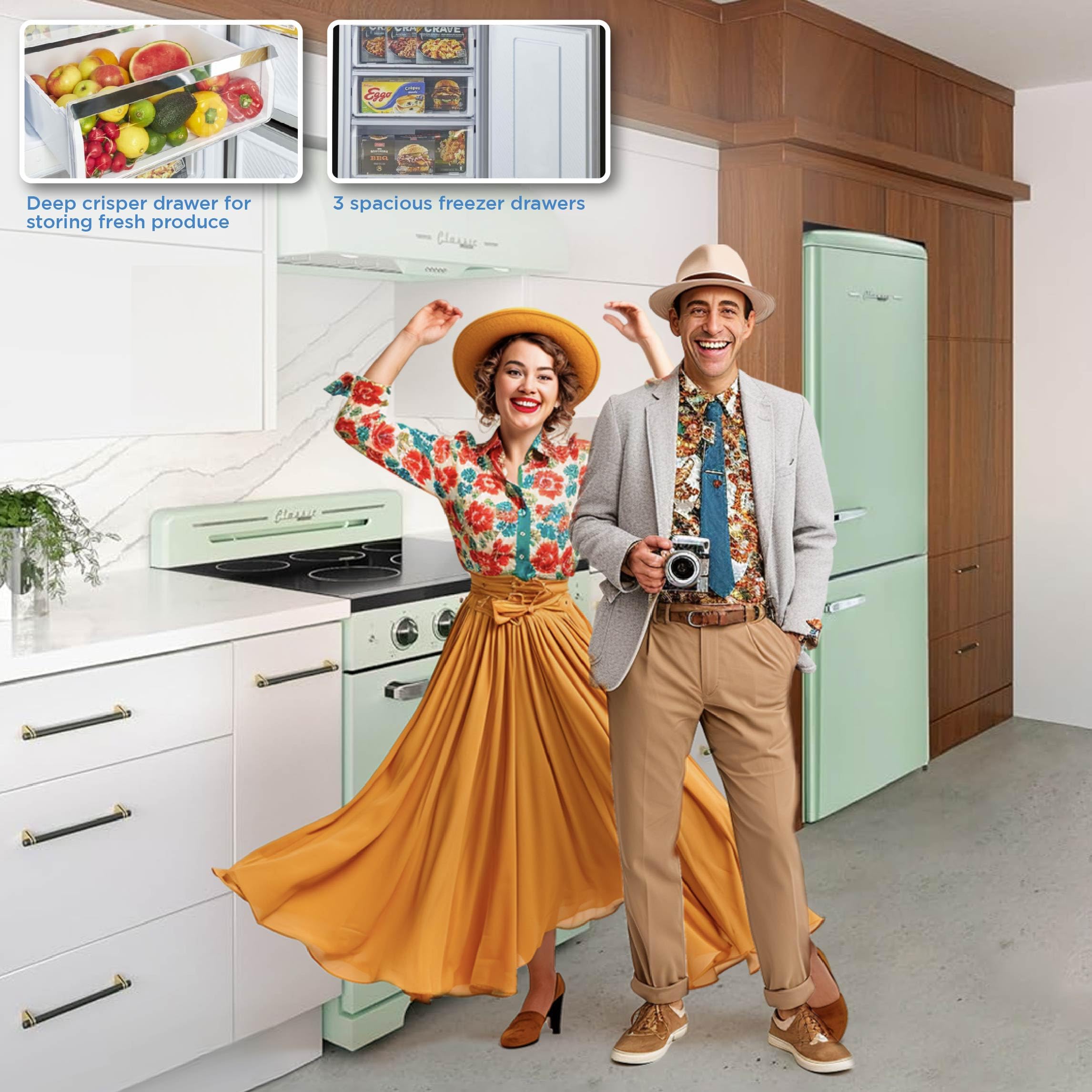 Unique Appliances Classic Retro Refrigerator, Electric Bottom-Mount Fridge With Intuitive Control Panel, 4 Glass Shelves, And 3 Freezer Drawers, Frost-Free, 12 Cu./Ft., Summer Mint Green on Fridge.com - View 5