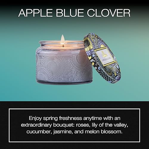 Miniatura 2 de Voluspa Vela de trébol azul de manzana, tarro pequeño de vidrio en relieve, 3.2 onzas, tiempo de combustión de 25 horas, vegano, cera de coco y