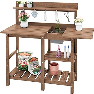 SERWALL Outdoor Potting Bench with Removeable Sink,Rot-Resistant HDPE Potting Table for Outside Gardening, All Weather Use - Brown