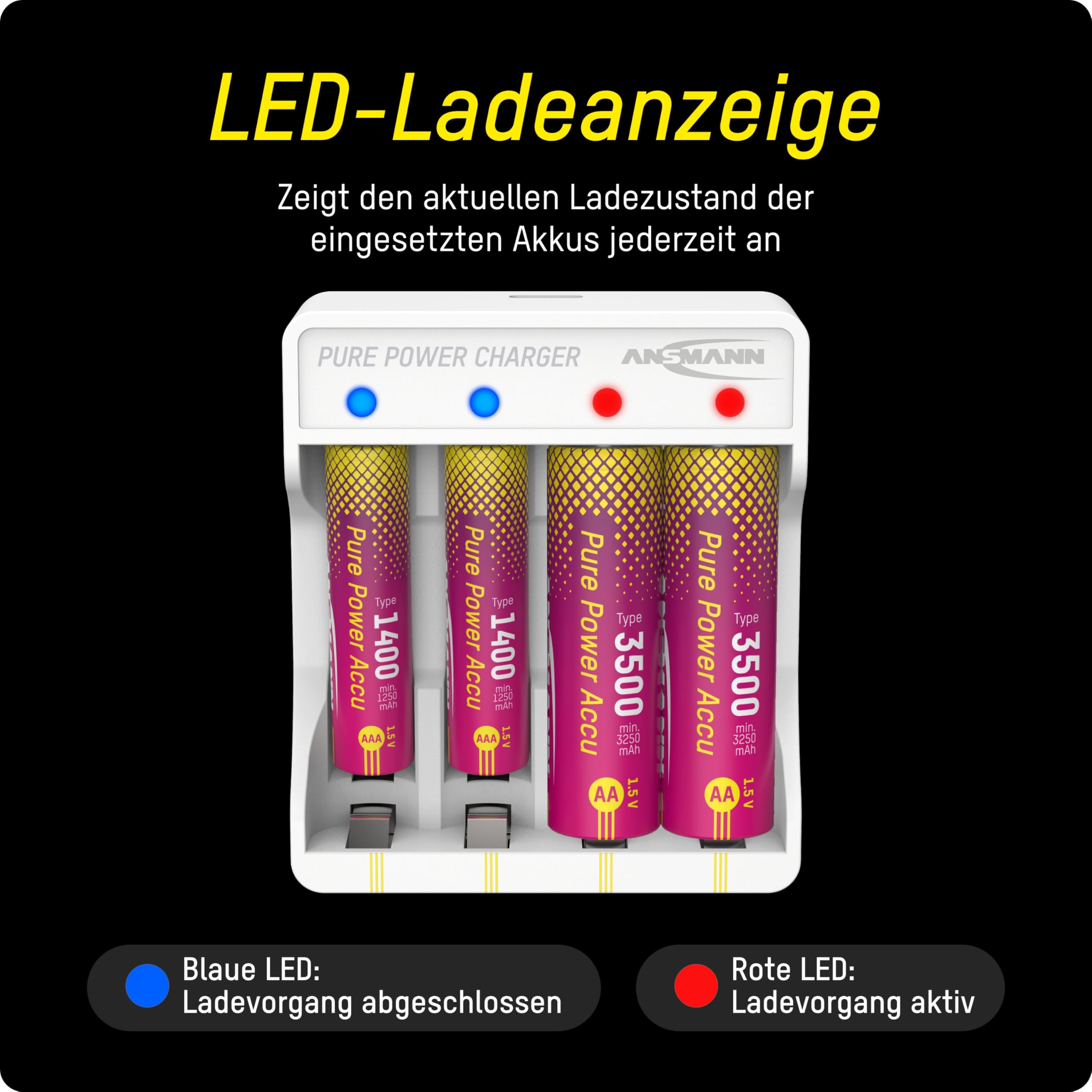 ANSMANN Lithium-Ladegerät Pure Power inkl. 4X Mignon AA Akkus mit höchster Kapazität und Lademodul, Langer Laufzeit und Schutztechnik, ideal für Geräte mit hohem Energiebedarf