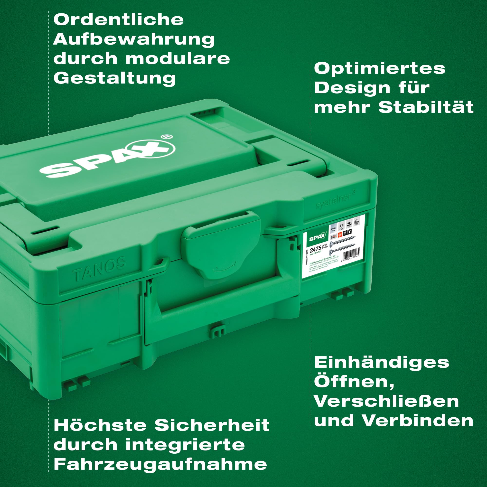 SPAX Montagekoffer Systainer³ T-Loc - Schraubenset mit 2.475 SPAX Schrauben in 12 Abmessungen, inkl. 5 T20 Bits & Arbeitshandschuhe – Profi Schraubenkoffer für Handwerk & Heimwerker – 8000000294624