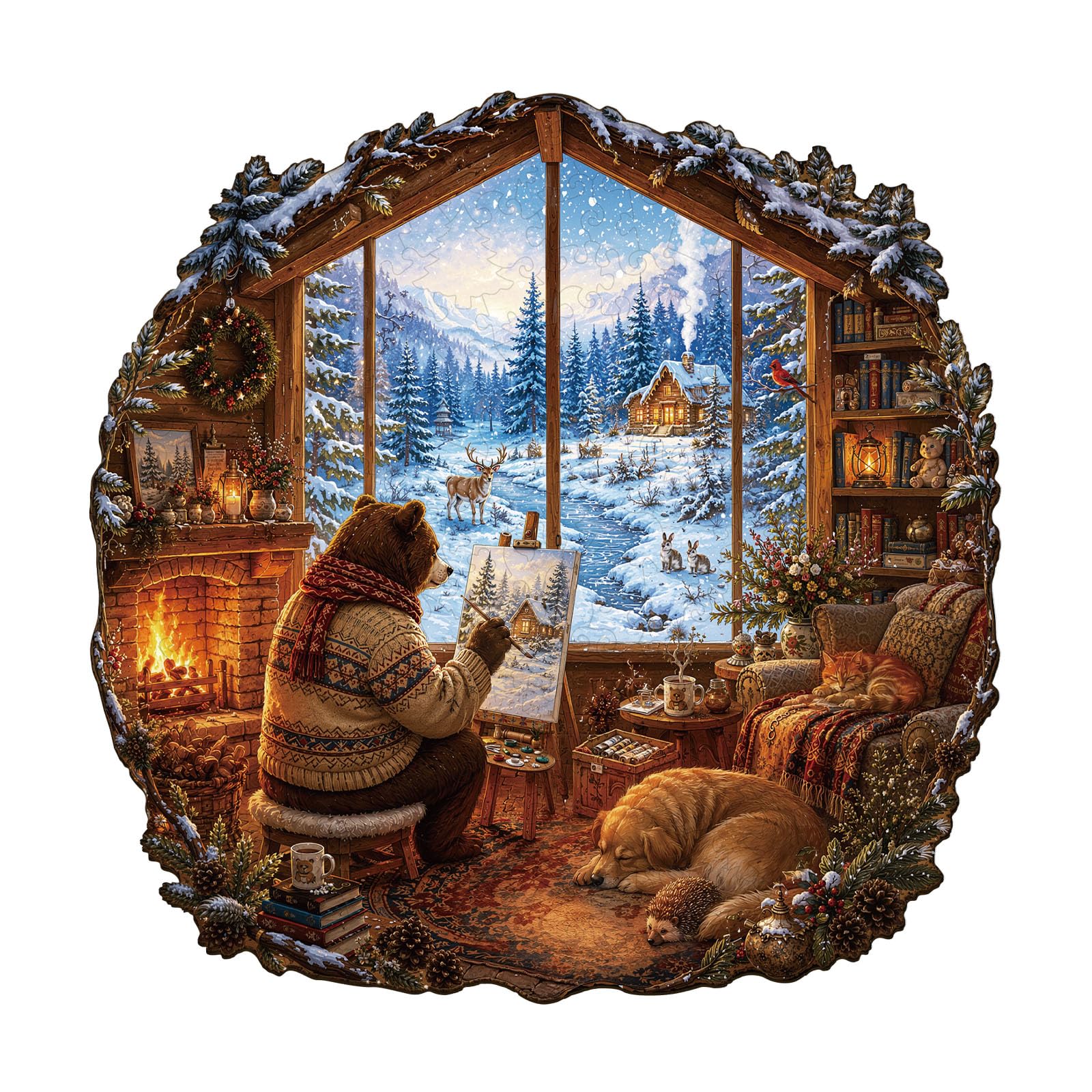 Wooden Puzzles for Adults - 13.4 in x 13.4 in Snow Window Bear Puzzle