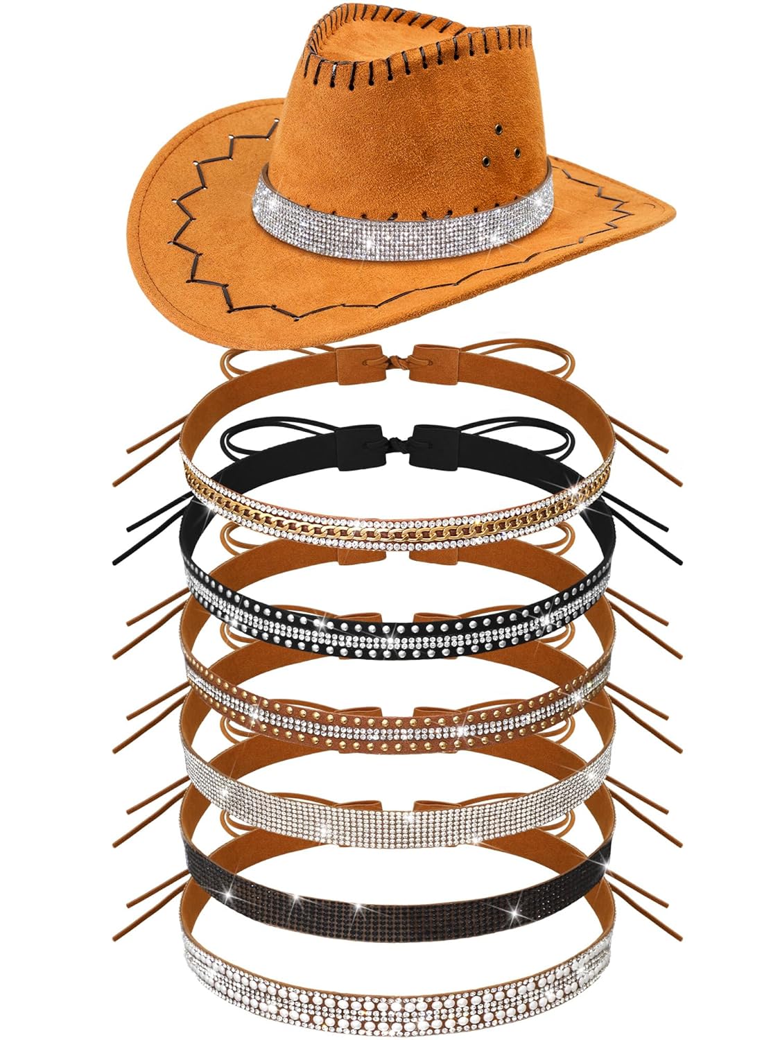 Hotop 6 Pcs Bling Rhinestone Hat Band Rhinestone Cowboy Hat Bands for Cowboy Hats Western Style Hatbands for Women Men(Black White)