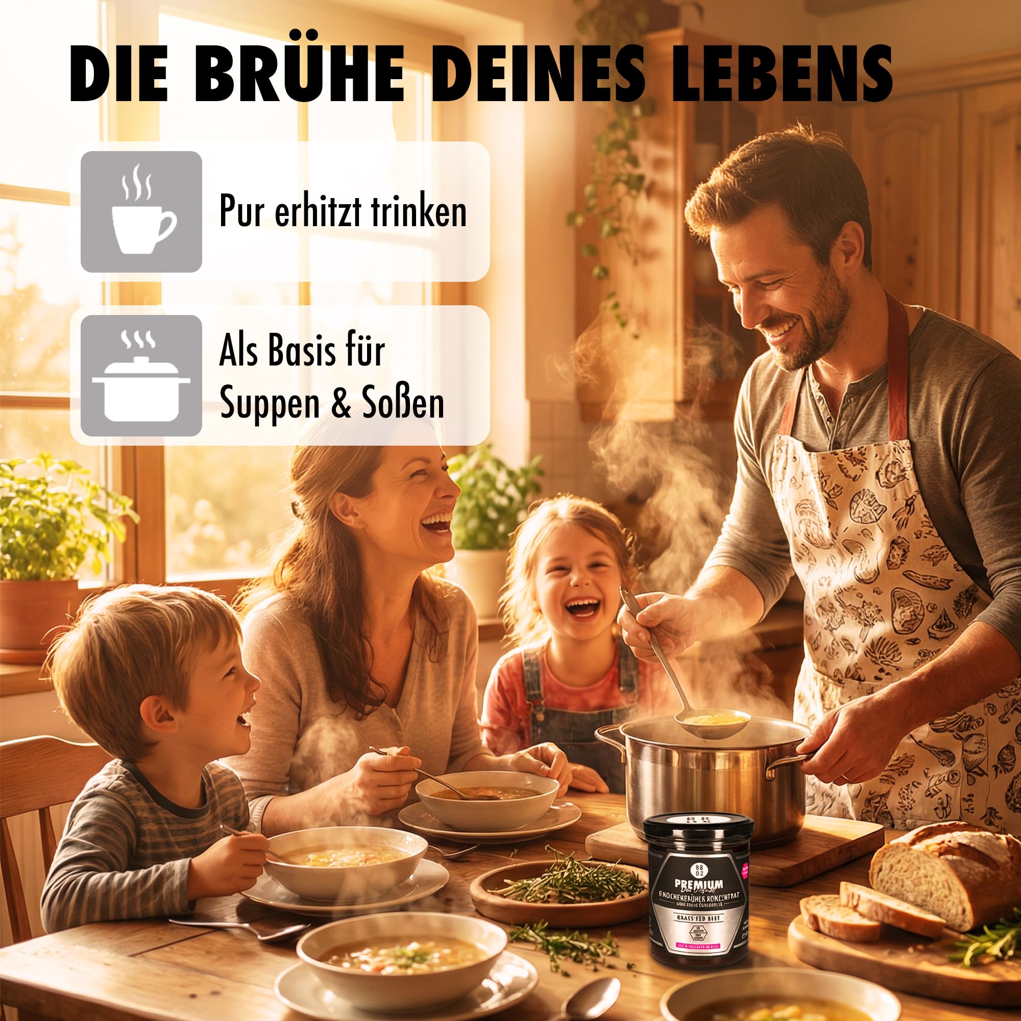 BROX Knochenbrühen-Konzentrat Weiderind 465g 24h gekocht 205g Kollagen 3 Sek Zubereitung 11,5L Rinderbrühe ohne Zusätze 46 Portionen