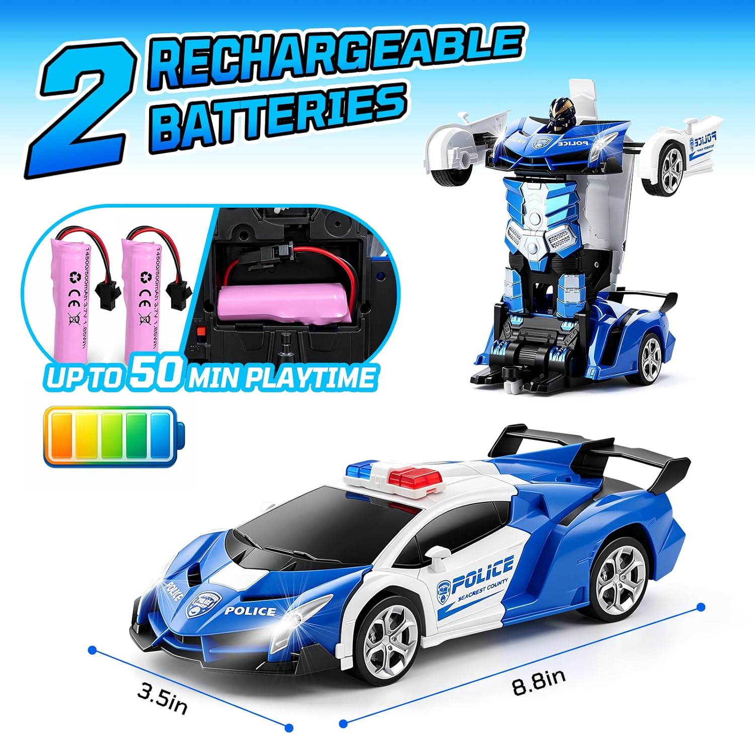 FIGROL Police Transformer Car, 2.4GHz Remote Control Police Car, One-Key Auto Transform, Dual Rechargeable Batteries, 360° Rotation, LED Lights Toy Gift for Boys Girls Ages 3+