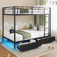 Rolanstar Twin Over Twin Metal Bunk Bed with USB Charging Station, RGB LED Lights, 2 Storage Drawers, Guardrails - Black, Easy Assembly