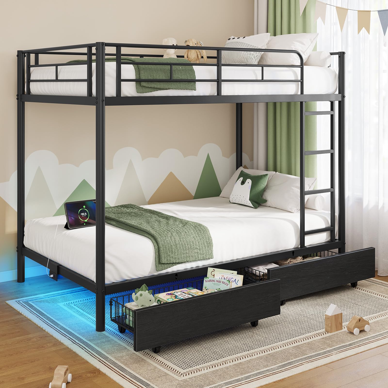 Rolanstar Metal Bunk Bed Twin Over Twin with USB Charging Station, LED Bunk Bed with 2 Storage Drawers, Single Bed with Safety Guardrail & Ladders, No Box Spring Needed, Easy Assembly, Black