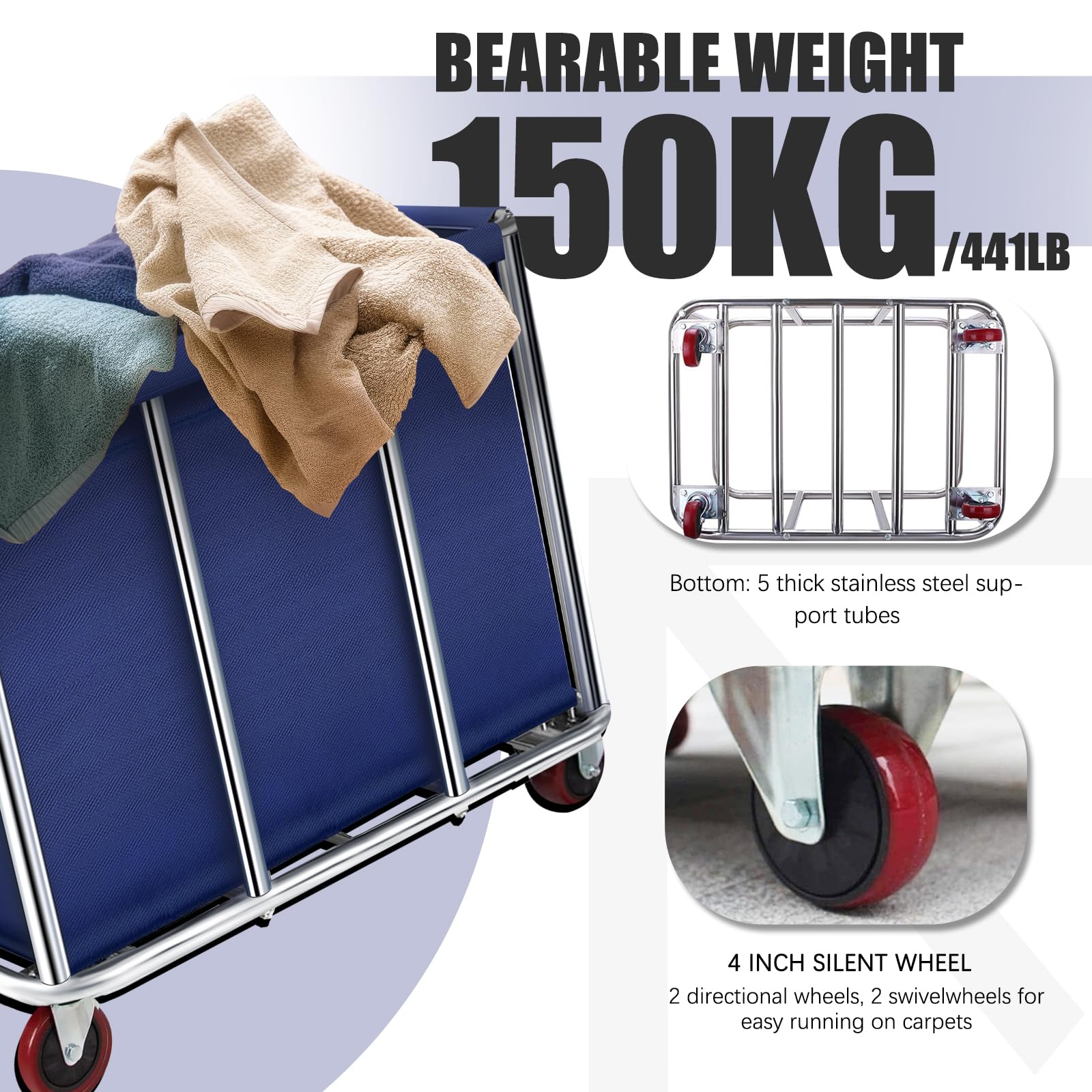 Rolling Laundry Basket Carrello 400L Grande Heavy Tainless Steel Laundry Trolley Carrello con ruote e fodera in tela rimovibile per Lndustrial/Home (colore : blu)
