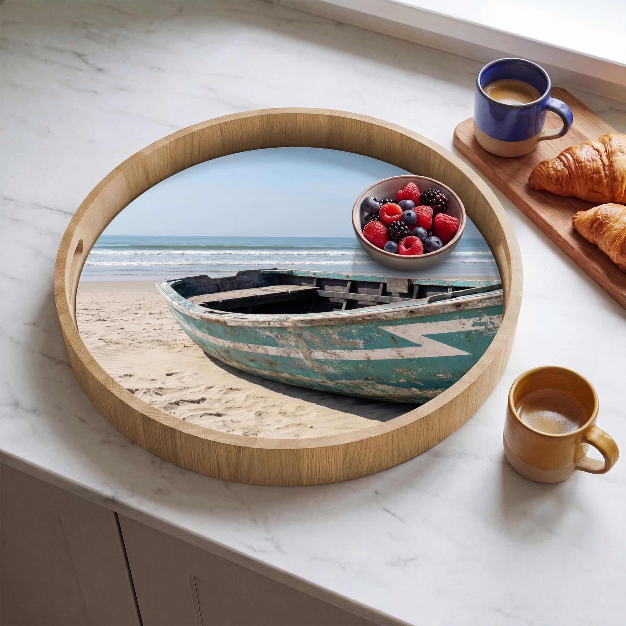 Bandeja Madera De Roble Redonda 50x50 cm Bandejas Desayuno para Servir Comida Cocina Resistente Al Calor Cafe Tray Tabuleiro Barco - Playa Arena - Mar