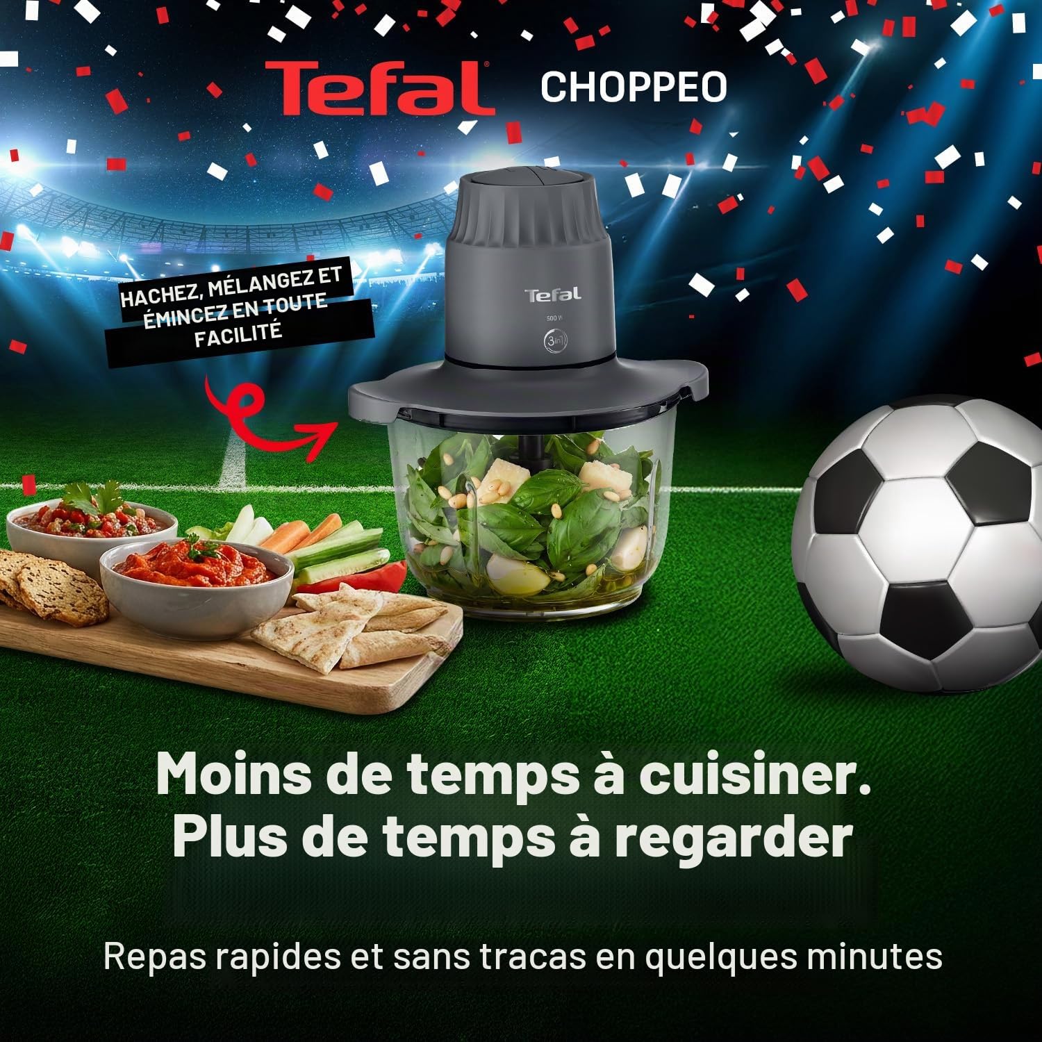 Tefal Choppeo MB603BG1 Hachoir XXL Capacité 2 L Bol en Verre Mini Robot Cuisine Tapis Antidérapant Couvercle de Rangement pour Restes 2 Vitesses 500W Houmous Légumes Gris