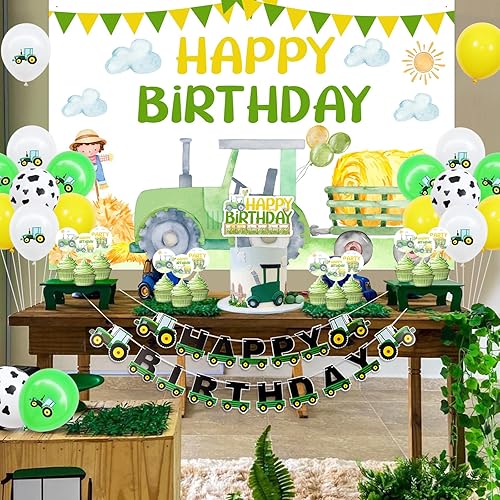 Miniatura 4 de Decoraciones de cumpleaños de tractor para niño, telón de fondo de cumpleaños de tractor, pancarta para decoración de tarta, globo para tractor de