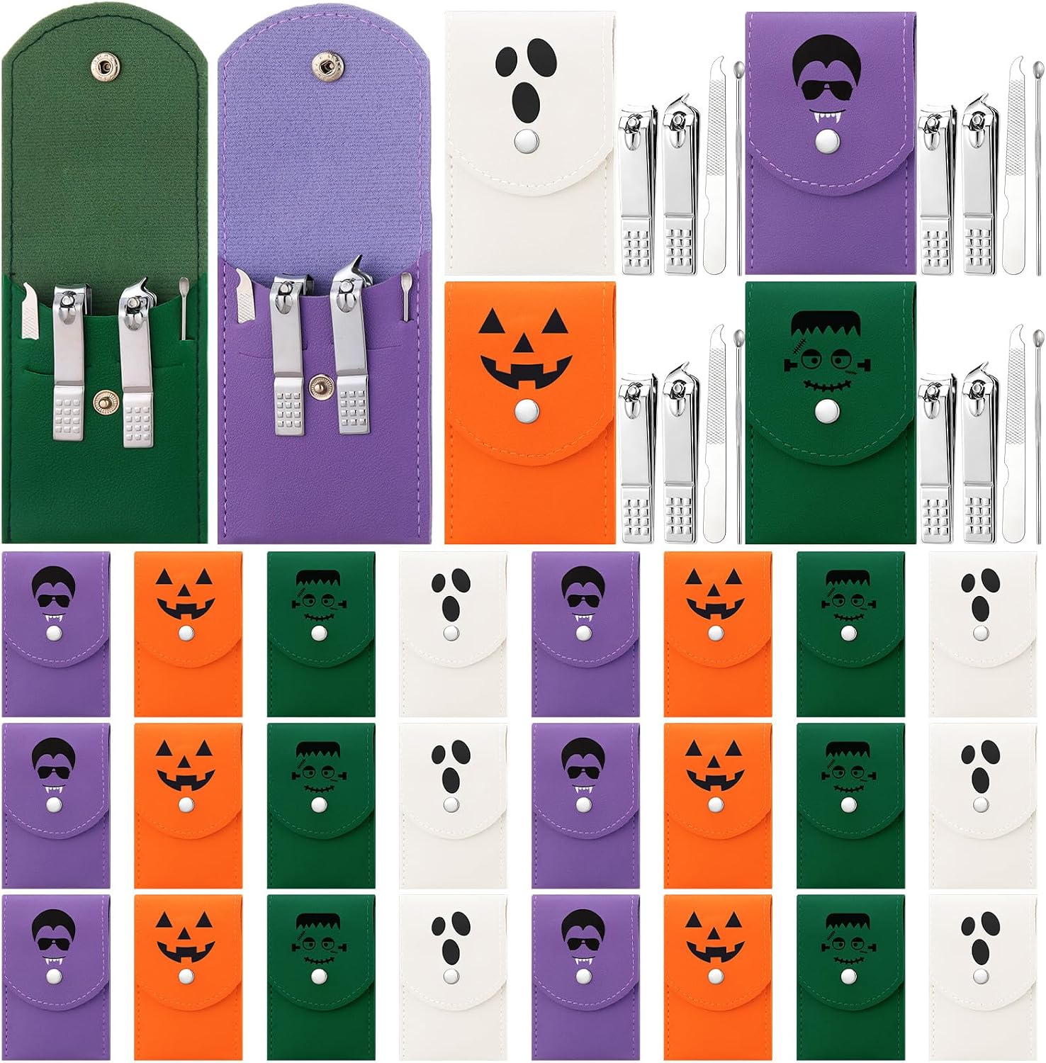 24 Set Halloween Nail Clipper Cute Mini Manicure Pedicure Kit with Ghost Vampire Pumpkin Leather Bag Portable Stainless Steel Nail Care Tools for Halloween Treats Party Gifts