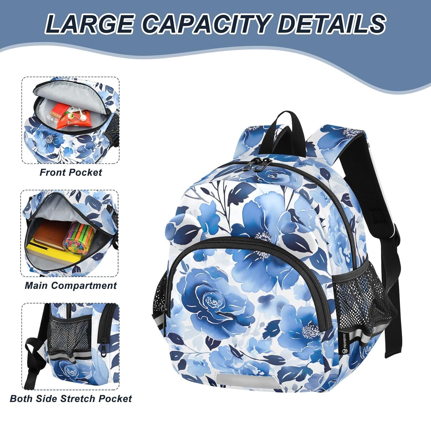 Watercolor Painting Flowers Blue Toddler Harness Backpack for Boys Girls 3-6 Years Kids Backpack with Anti Lost Safety Leash Baby Travel Bag for Walking Preschool Travel