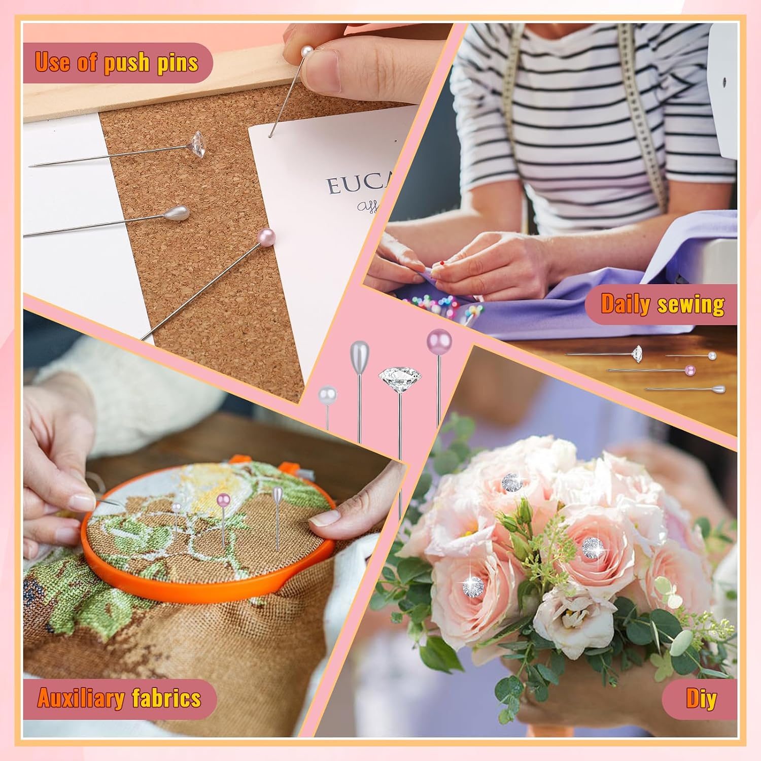 400 Pcs Bouquet Pins Corsage Pins, 4 Styles Straight Pins Crystal Head Pearl Head Flower Pins for DIY Decoration, Wedding, Jewelry Flower Decoration