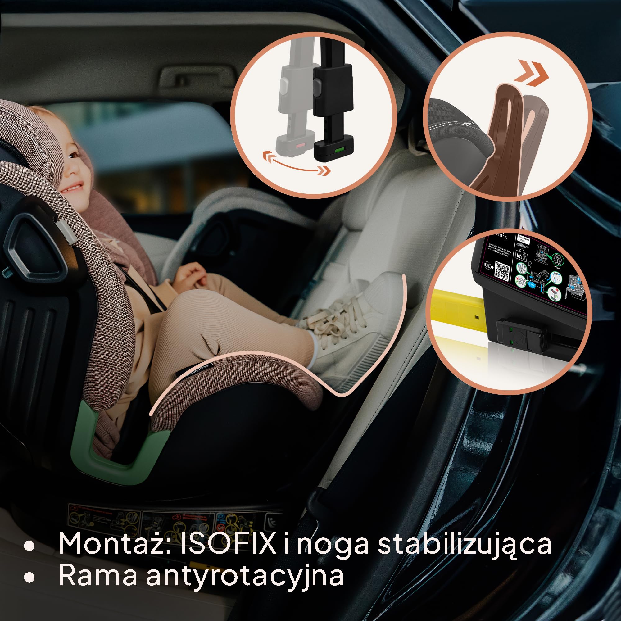 LIONELO HARMONY I-SIZE Fotelik Samochodowy Obrotowy 360° dla Dzieci 40-150 CM, Montaż ISOFIX+Noga Stabilizująca, Regulacja Zagłówka i Oparcia, Wkładka Redukcyjna Dri-Seat