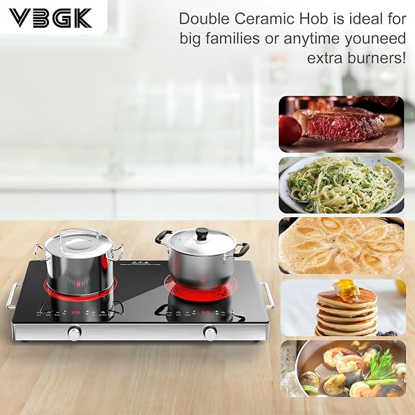 VBGK 2 Ring Electric Hob with Handle, 3520W Ceramic Hob 2 Zone, Double Electric Ceramic Hob Countertop, Safety Lock & 3H Timer, 220V-240V Plug in - 3